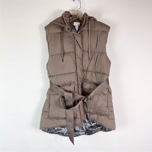 Zella Women's Brown Belted Hooded Puffer Vest Size S Insulated Pockets Belt Tan